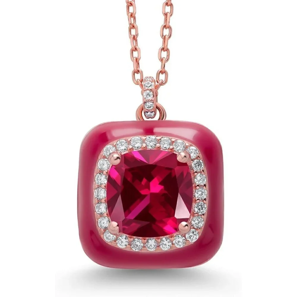 18K Rose Gold Plated Silver Red Simulated Ruby Red Enamel Pendant Necklace
